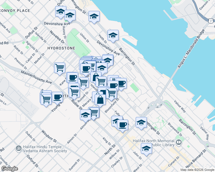 map of restaurants, bars, coffee shops, grocery stores, and more near 2882 Gottingen Street in Halifax