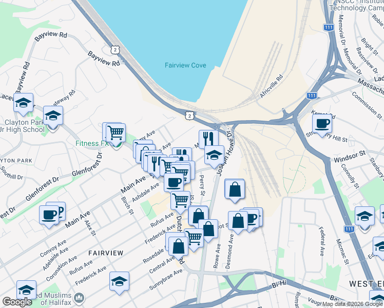 map of restaurants, bars, coffee shops, grocery stores, and more near 37 Main Avenue in Halifax