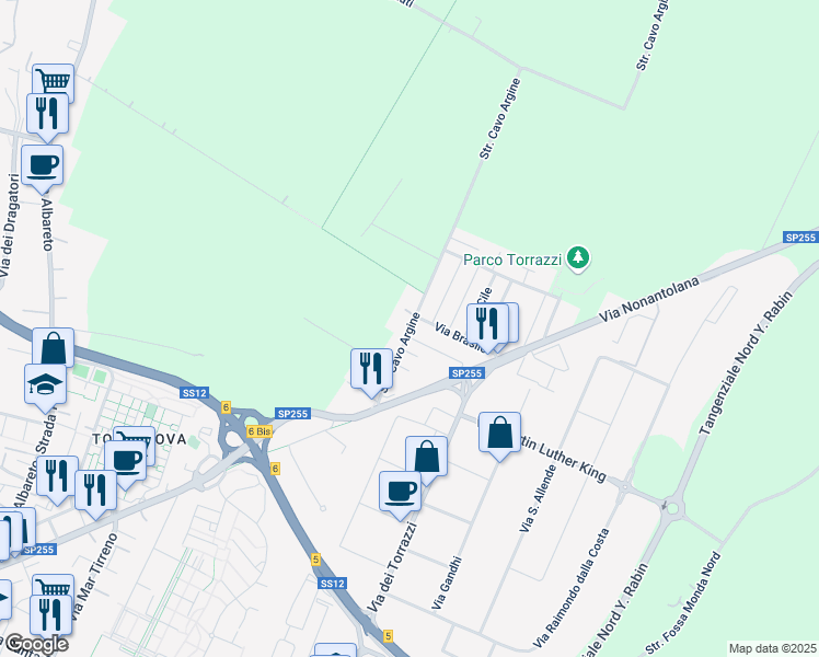 map of restaurants, bars, coffee shops, grocery stores, and more near 177 Via Brasile in Modena