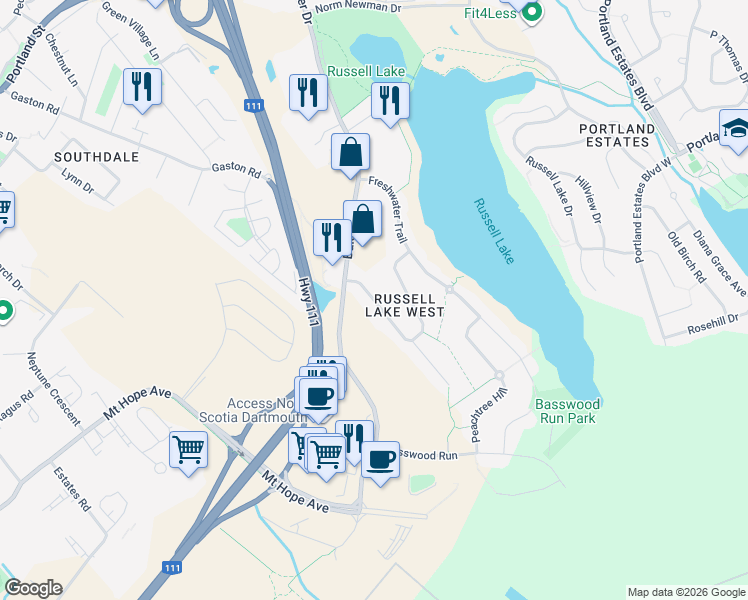 map of restaurants, bars, coffee shops, grocery stores, and more near Lindenwood Terrace in Dartmouth
