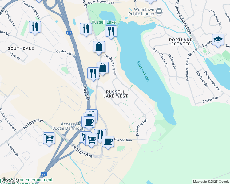 map of restaurants, bars, coffee shops, grocery stores, and more near 61 Lindenwood Terrace in Dartmouth