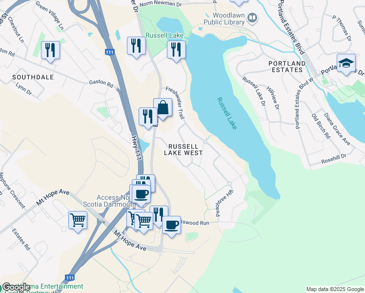 map of restaurants, bars, coffee shops, grocery stores, and more near 61 Lindenwood Terrace in Dartmouth