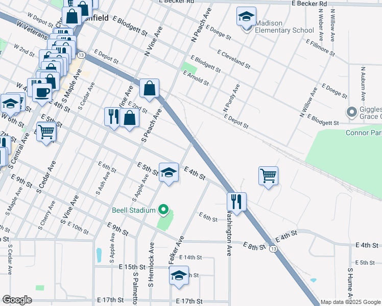 map of restaurants, bars, coffee shops, grocery stores, and more near 301 S Palmetto Ave in Marshfield