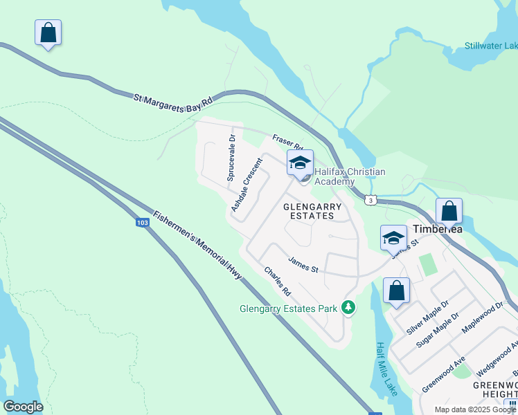 map of restaurants, bars, coffee shops, grocery stores, and more near 115 Timberlea Crescent in Timberlea