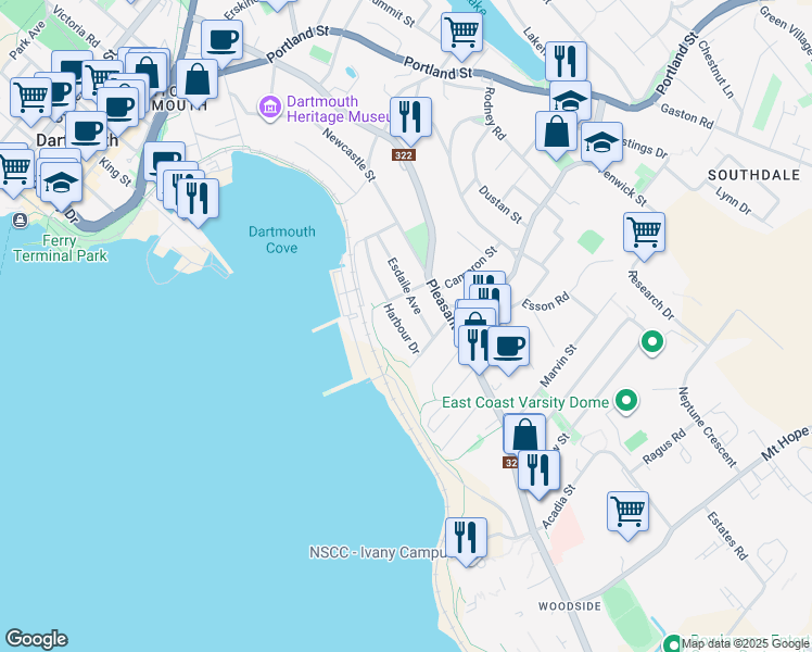 map of restaurants, bars, coffee shops, grocery stores, and more near 11 Harbour Drive in Dartmouth