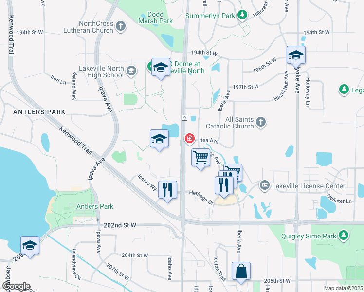 map of restaurants, bars, coffee shops, grocery stores, and more near 19875 Dodd Boulevard in Lakeville