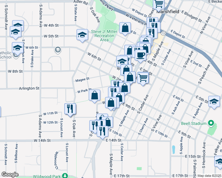 map of restaurants, bars, coffee shops, grocery stores, and more near 300 West Park Street in Marshfield