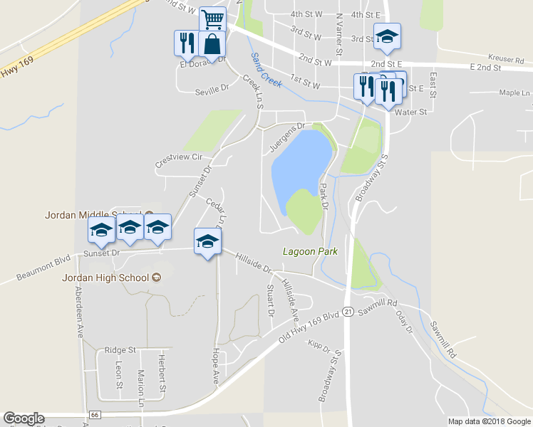 map of restaurants, bars, coffee shops, grocery stores, and more near 216 Juergens Circle in Jordan