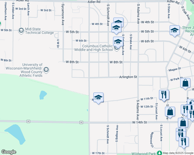 map of restaurants, bars, coffee shops, grocery stores, and more near 1515 Arlington Street in Marshfield