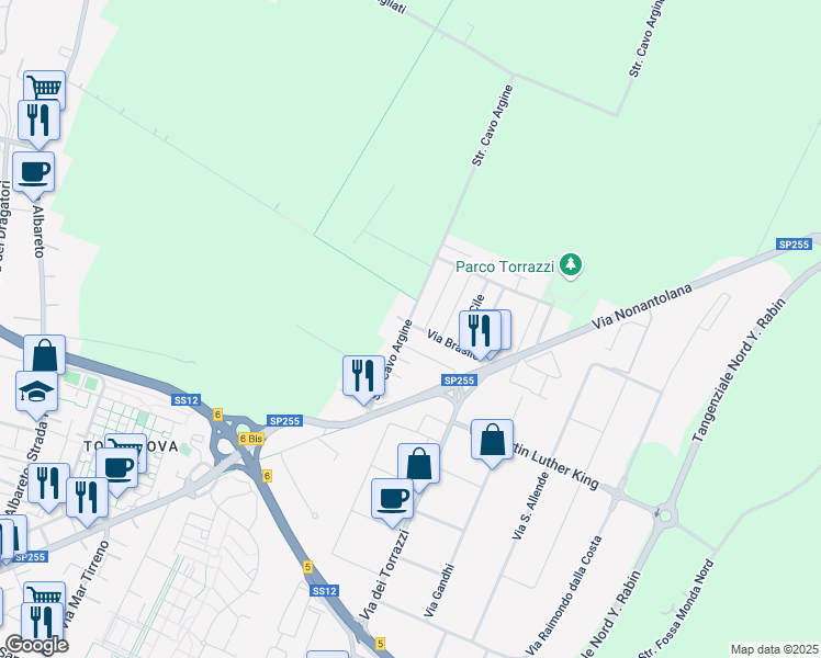 map of restaurants, bars, coffee shops, grocery stores, and more near 177 Via Brasile in Modena
