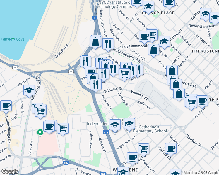 map of restaurants, bars, coffee shops, grocery stores, and more near 3569 Windsor Street in Halifax