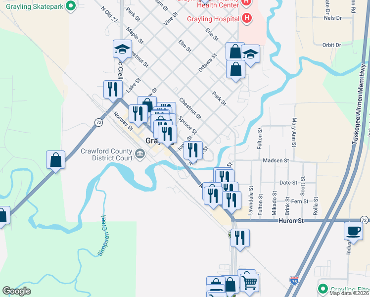 map of restaurants, bars, coffee shops, grocery stores, and more near 209 Peninsular Avenue in Grayling