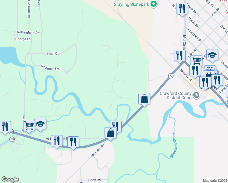 map of restaurants, bars, coffee shops, grocery stores, and more near 325 Evergreen Drive in Grayling
