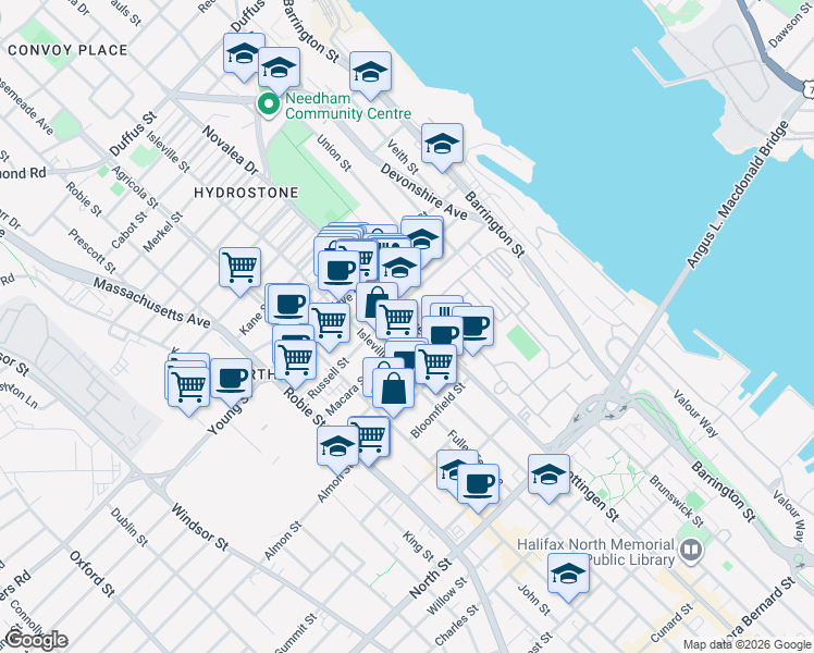 map of restaurants, bars, coffee shops, grocery stores, and more near 2882 Gottingen Street in Halifax