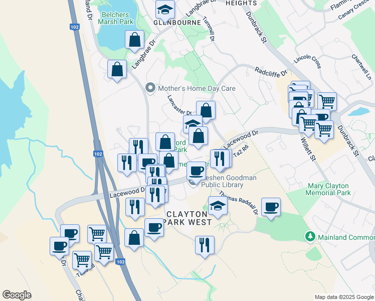 map of restaurants, bars, coffee shops, grocery stores, and more near 62 Stratford Way in Halifax