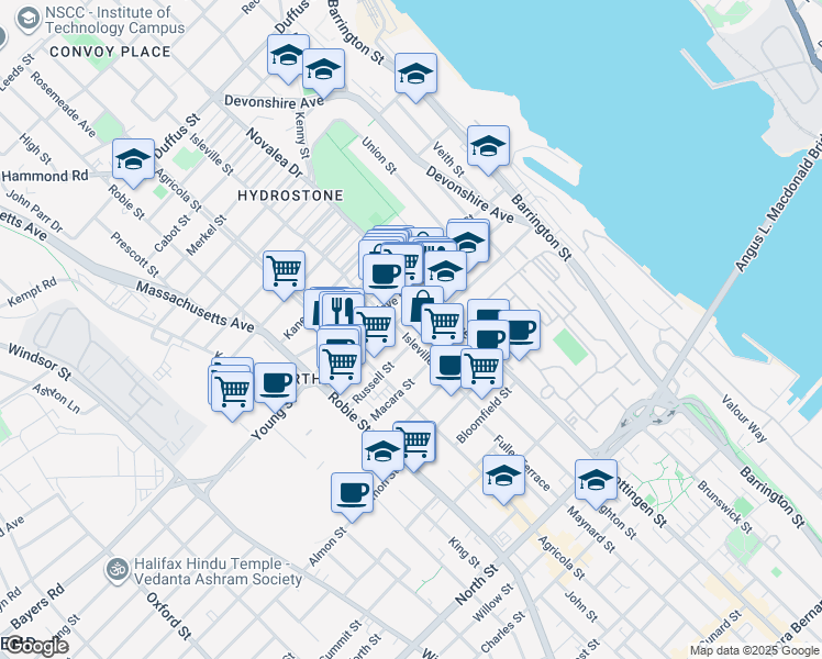 map of restaurants, bars, coffee shops, grocery stores, and more near 3051 Isleville Street in Halifax