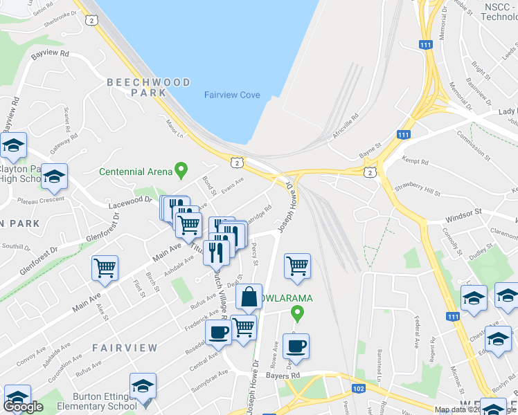 map of restaurants, bars, coffee shops, grocery stores, and more near 20A Mcfatridge Road in Halifax