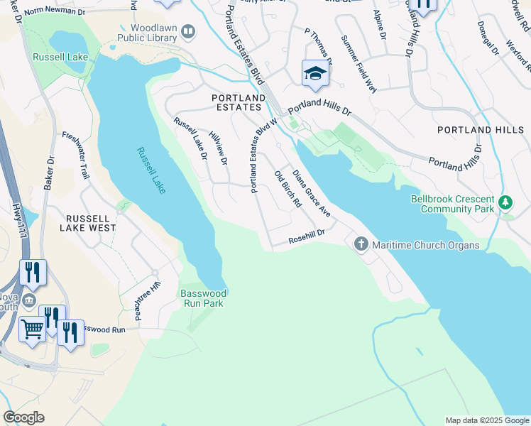 map of restaurants, bars, coffee shops, grocery stores, and more near 91 Portland Estates Boulevard West in Dartmouth