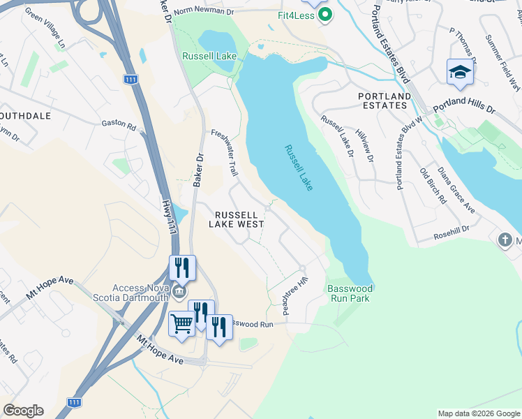 map of restaurants, bars, coffee shops, grocery stores, and more near 151 Freshwater Trail in Dartmouth