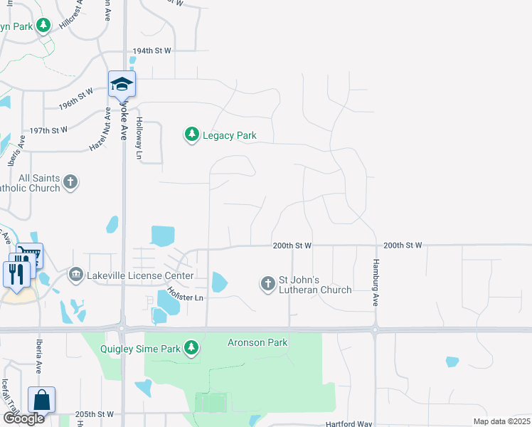map of restaurants, bars, coffee shops, grocery stores, and more near 19914 Hexham Way in Lakeville