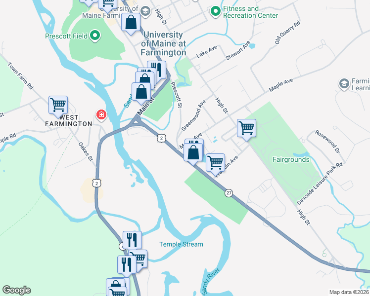map of restaurants, bars, coffee shops, grocery stores, and more near 109 Maple Avenue in Farmington