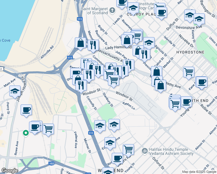 map of restaurants, bars, coffee shops, grocery stores, and more near 6337 Hood Street in Halifax