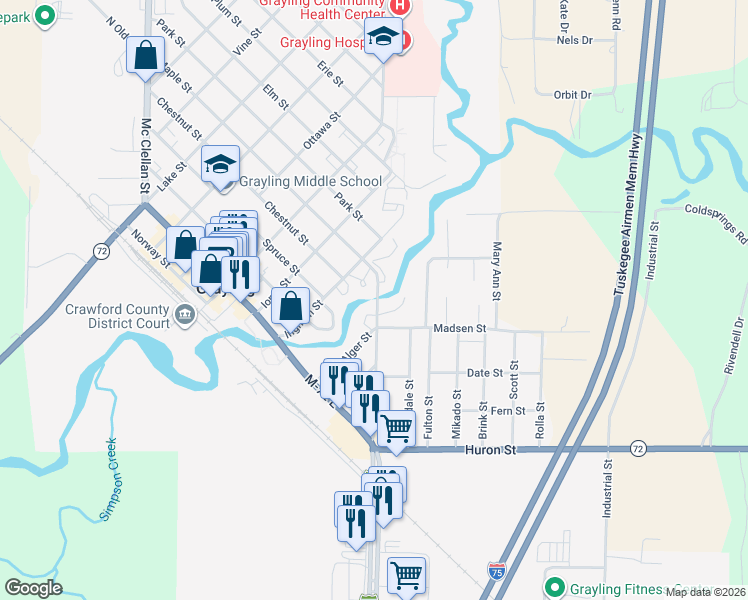 map of restaurants, bars, coffee shops, grocery stores, and more near 100 Maple St in Grayling