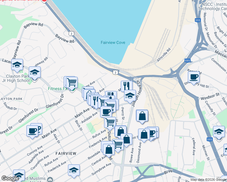 map of restaurants, bars, coffee shops, grocery stores, and more near 37 Main Avenue in Halifax