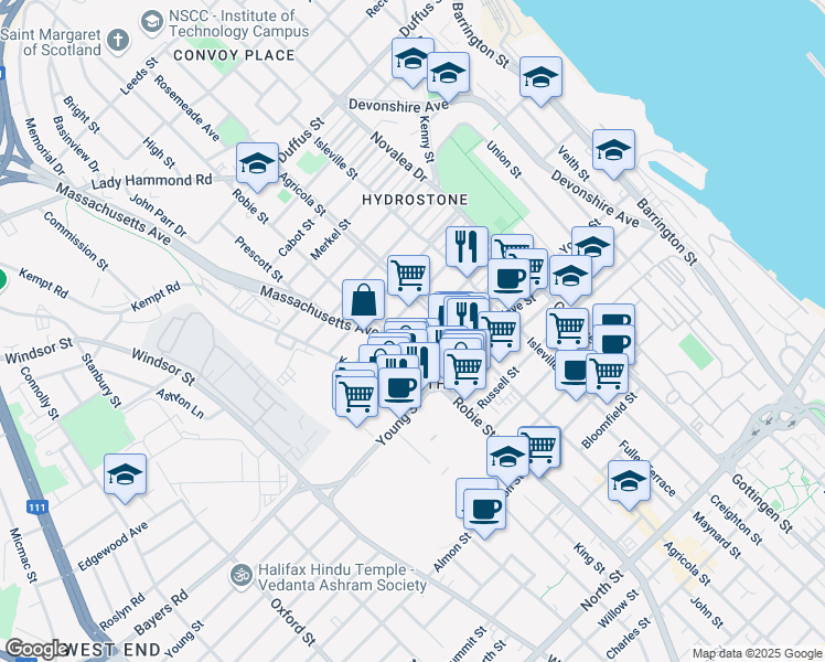 map of restaurants, bars, coffee shops, grocery stores, and more near 5875A Kane Street in Halifax