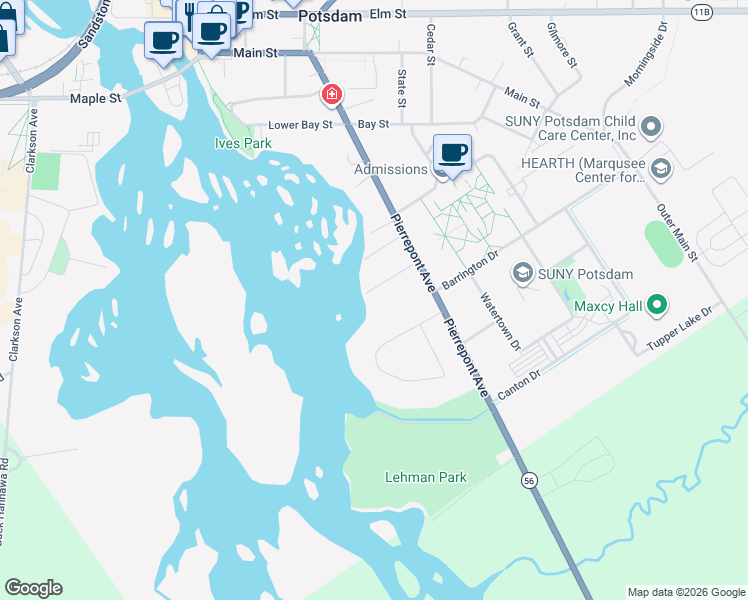 map of restaurants, bars, coffee shops, grocery stores, and more near 12 Spring St in Potsdam