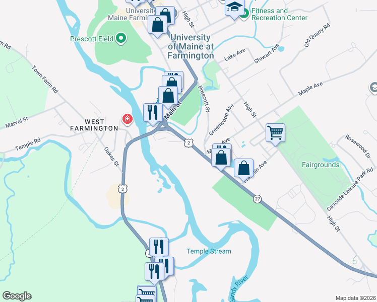 map of restaurants, bars, coffee shops, grocery stores, and more near 103 Farmington Falls Road in Farmington