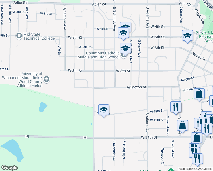 map of restaurants, bars, coffee shops, grocery stores, and more near 1515 Arlington Street in Marshfield