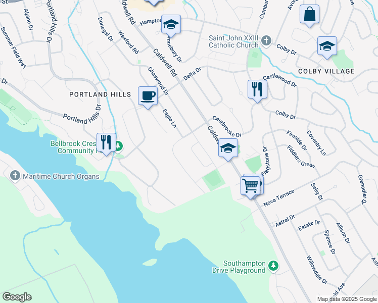 map of restaurants, bars, coffee shops, grocery stores, and more near 21 Edgecombe Crescent in Dartmouth