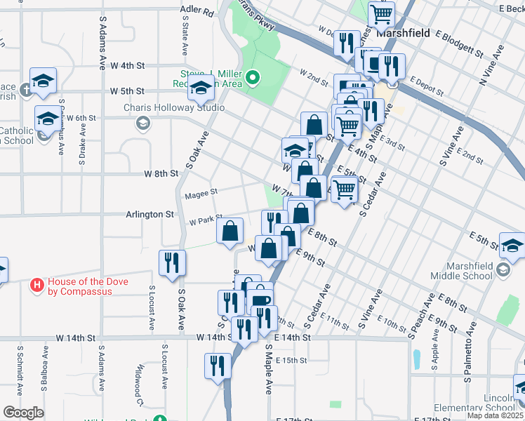 map of restaurants, bars, coffee shops, grocery stores, and more near 300 West Park Street in Marshfield