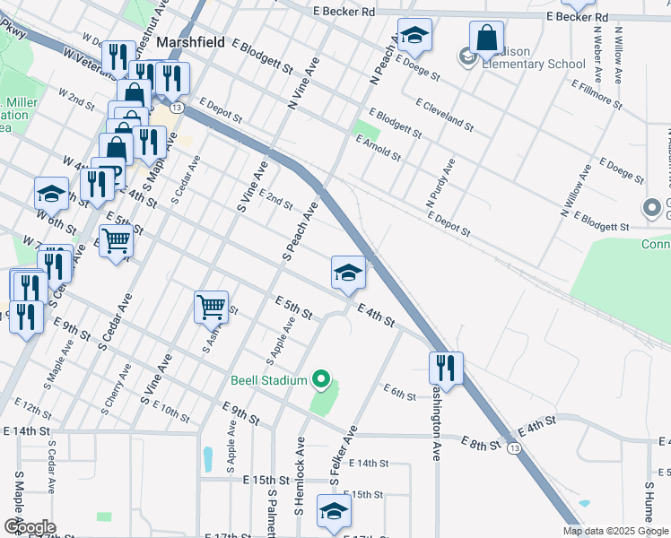 map of restaurants, bars, coffee shops, grocery stores, and more near 808 East 3rd Street in Marshfield
