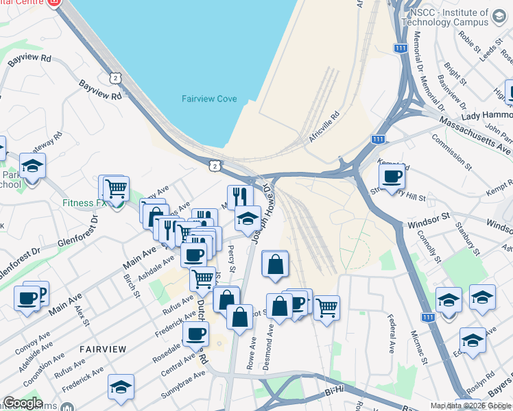map of restaurants, bars, coffee shops, grocery stores, and more near 29 Mcfatridge Road in Halifax