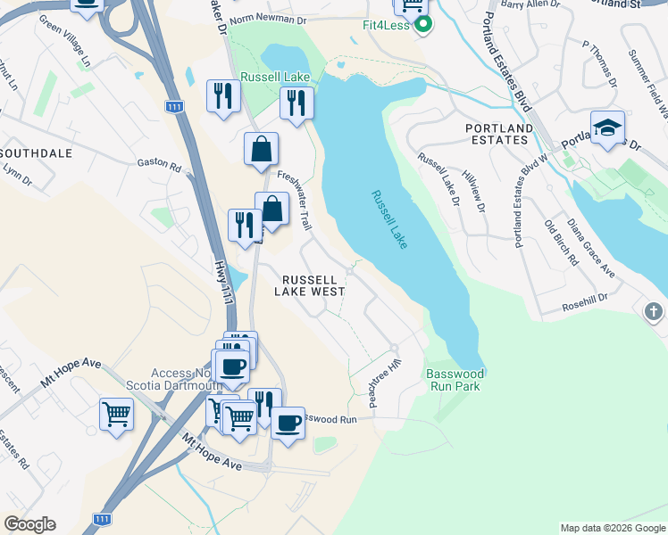 map of restaurants, bars, coffee shops, grocery stores, and more near 151 Freshwater Trail in Dartmouth
