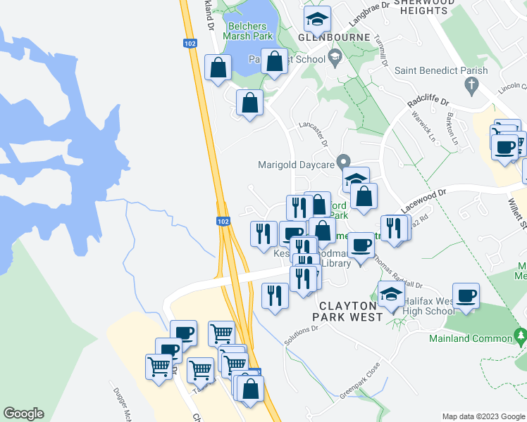 map of restaurants, bars, coffee shops, grocery stores, and more near 4 Prestwick Close in Halifax