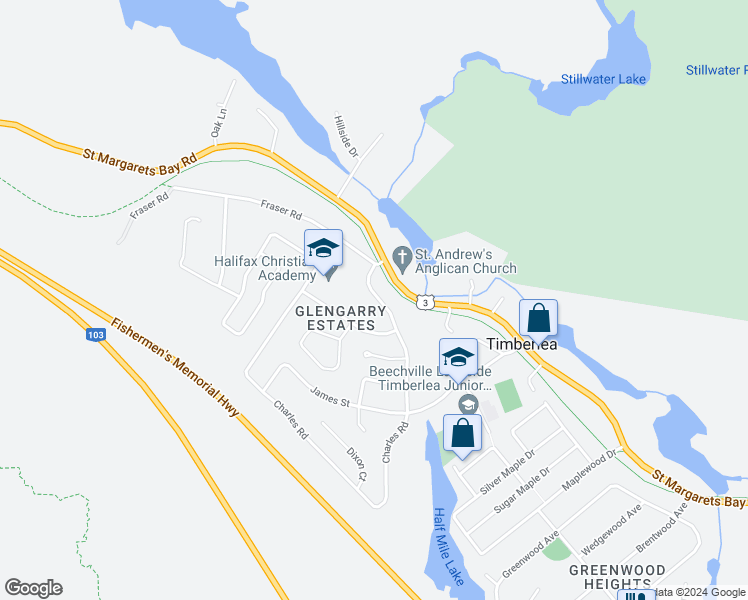 map of restaurants, bars, coffee shops, grocery stores, and more near 27 Forestglen Drive in Timberlea