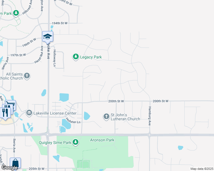 map of restaurants, bars, coffee shops, grocery stores, and more near 19914 Hexham Way in Lakeville