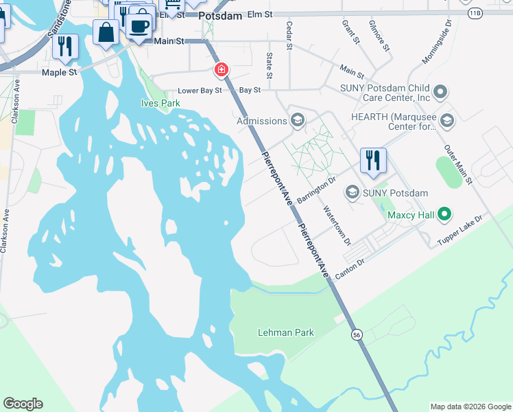 map of restaurants, bars, coffee shops, grocery stores, and more near 12 Spring Street in Potsdam