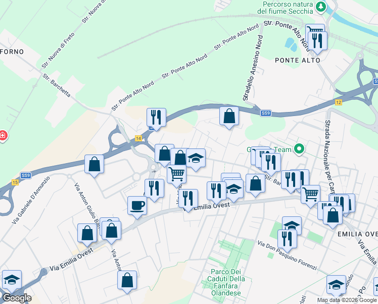 map of restaurants, bars, coffee shops, grocery stores, and more near 258 Strada Barchetta in Modena