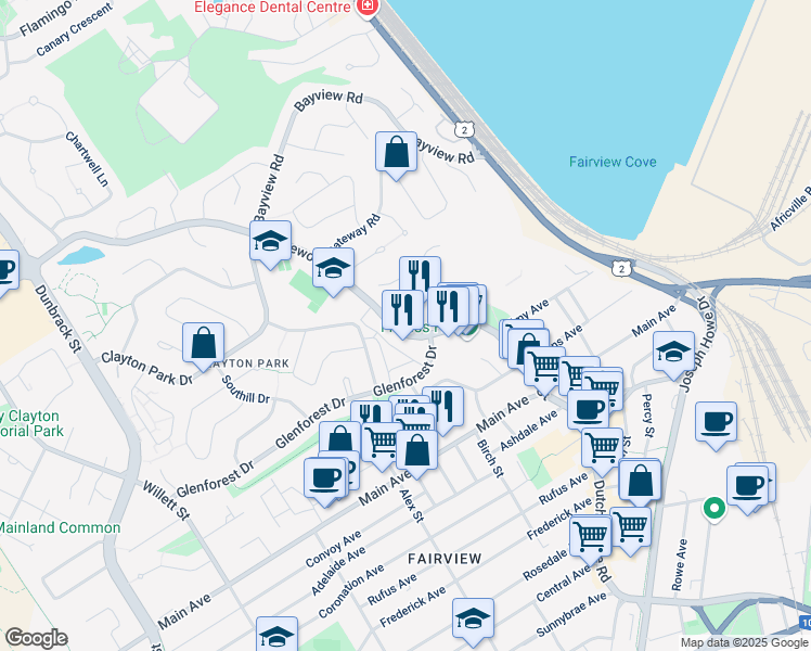 map of restaurants, bars, coffee shops, grocery stores, and more near 85 Lacewood Drive in Halifax