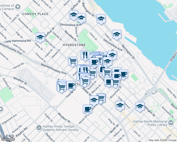 map of restaurants, bars, coffee shops, grocery stores, and more near 5667 Kaye Street in Halifax