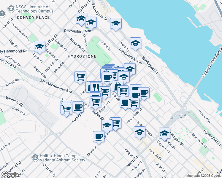 map of restaurants, bars, coffee shops, grocery stores, and more near 5551 Sullivan Street in Halifax