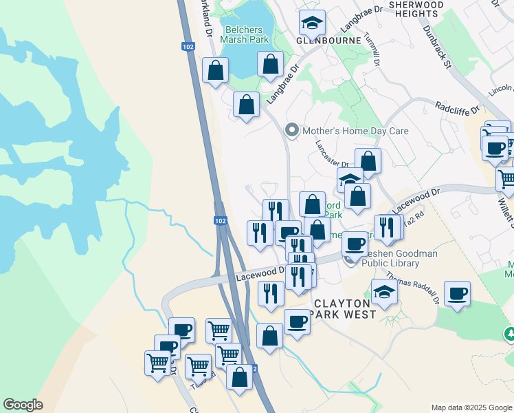 map of restaurants, bars, coffee shops, grocery stores, and more near 16 Prestwick Close in Halifax