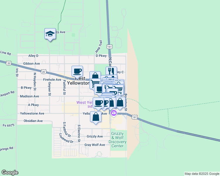 map of restaurants, bars, coffee shops, grocery stores, and more near North Canyon Street in West Yellowstone