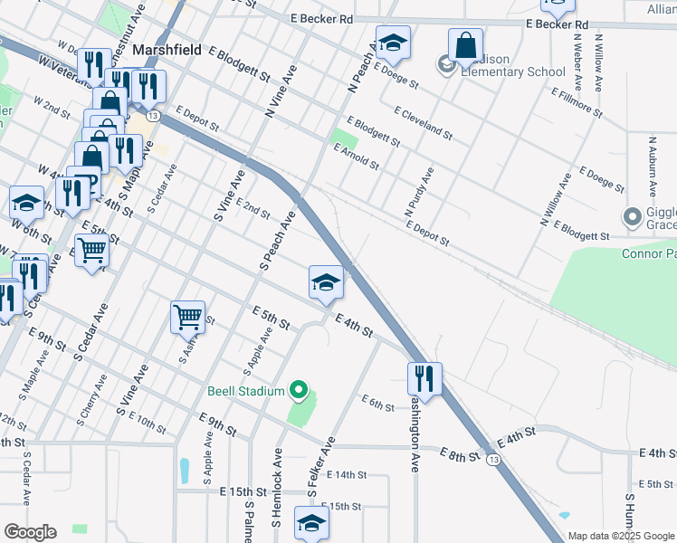 map of restaurants, bars, coffee shops, grocery stores, and more near 301 South Palmetto Avenue in Marshfield