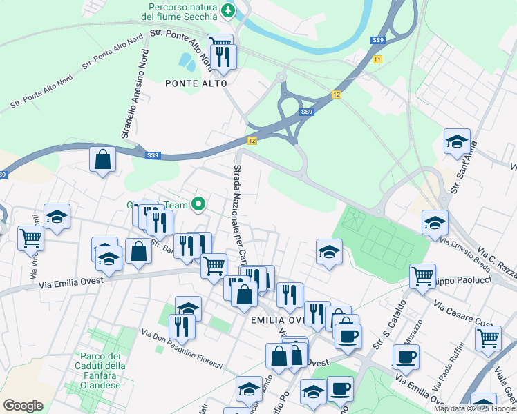 map of restaurants, bars, coffee shops, grocery stores, and more near 45 Via Brunetto Latini in Modena