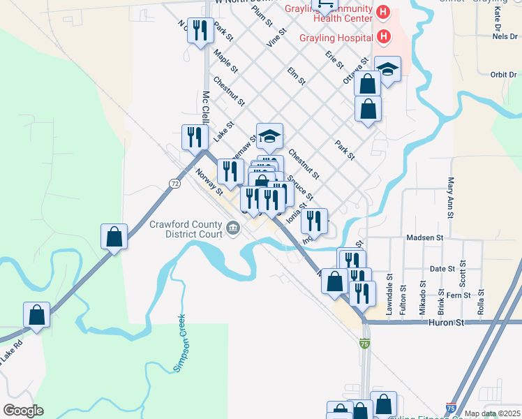 map of restaurants, bars, coffee shops, grocery stores, and more near 1232 Interstate 75 Business Loop in Grayling